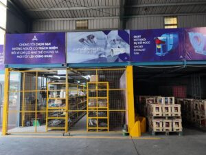 Industrial workspace featuring machinery and organized storage area.